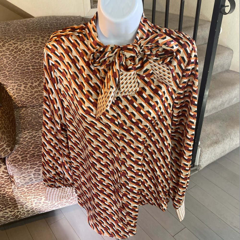Front Button Down Patterned Blouse with Next Tie